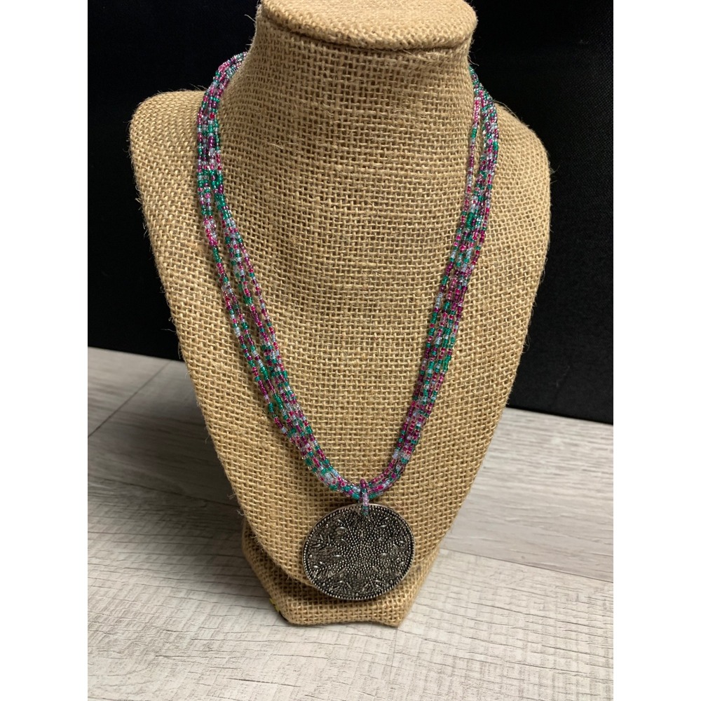 Boho Multi Strand Seed Bead Medallion Necklace Magenta Teal Silver Tone 17 inch